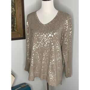 Chico's Metallic Animal Print V-Neck Sweater - Gold/Taupe - Size 3 (XL)